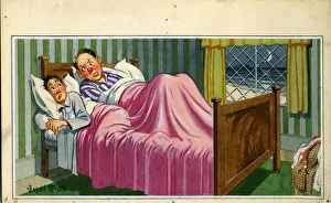 Comic postcard, Two men sharing a narrow bed Date: 20th century Comic postcard, Two men sharing a narrow bed Date: 20th century