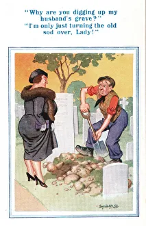 Comic postcard, Middle-aged woman and gravedigger Comic postcard, Middle-aged woman and gravedigger
