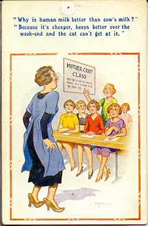 Comic postcard, Mother craft class for girls Date: 20th century Comic postcard, Mother craft class for girls Date: 20th century