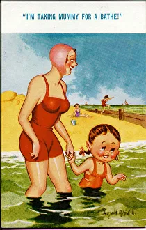 Comic postcard, Mother and daughter in the sea Date: 20th century Comic postcard, Mother and daughter in the sea Date: 20th century