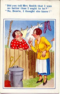 Comic postcard, Neighbours chat over garden fence Date: 20th century Comic postcard, Neighbours chat over garden fence Date: 20th century