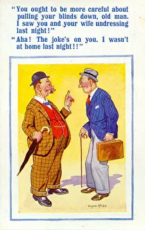 Comic postcard, Two neighbours chatting Date: 20th century Comic postcard, Two neighbours chatting Date: 20th century