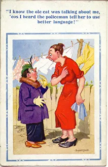 Comic postcard, Neighbours chatting in garden Date: 20th century Comic postcard, Neighbours chatting in garden Date: 20th century