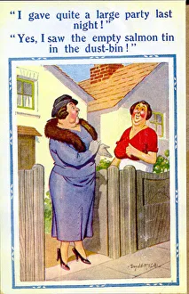 Comic postcard, Neighbours chatting at the gate Date: 20th century Comic postcard, Neighbours chatting at the gate Date: 20th century
