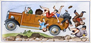 Comic postcard, People falling out of car on bumpy ride Comic postcard, People falling out of car on bumpy ride