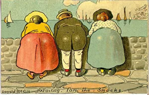 Comic postcard, Three people at the seaside - waiting for the smacks Date Comic postcard, Three people at the seaside - waiting for the smacks Date