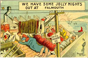 Comic postcard, People sleeping on the roof at Falmouth Date: 20th century Comic postcard, People sleeping on the roof at Falmouth Date: 20th century