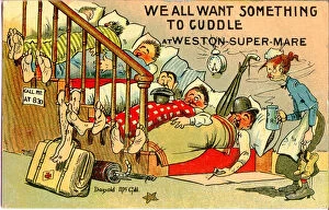 Weston Gallery: Comic postcard, People sleeping on the stairs at Weston-Super-Mare