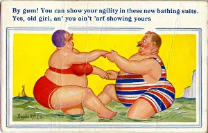 Bikini Gallery: Comic postcard, Plump couple dancing in the sea Date: 20th century