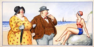 Comic postcard, Plump couple and pretty woman at the seaside Date: 20th century Comic postcard, Plump couple and pretty woman at the seaside Date: 20th century
