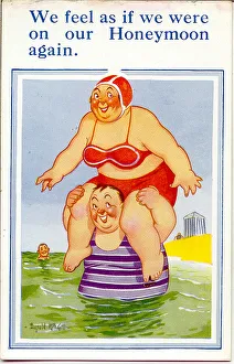 Bikini Gallery: Comic postcard, Plump couple in the sea Date: 20th century