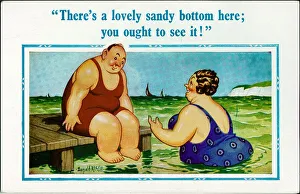 Comic postcard, Plump couple at the seaside - sandy bottom Date: 20th century Comic postcard, Plump couple at the seaside - sandy bottom Date: 20th century