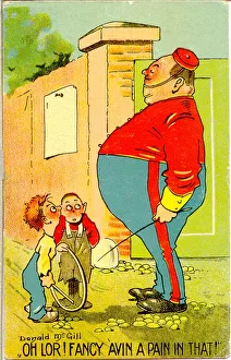 Comic postcard, Plump soldier and two boys Date: 20th century Comic postcard, Plump soldier and two boys Date: 20th century