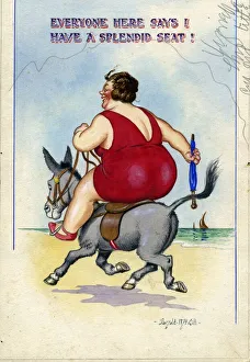 Swimsuit Gallery: Comic postcard, Plump woman riding a donkey on the beach Date: 20th century