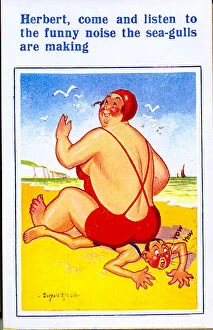 Swimsuit Gallery: Comic postcard, Plump woman sitting on man on beach Date: 20th century