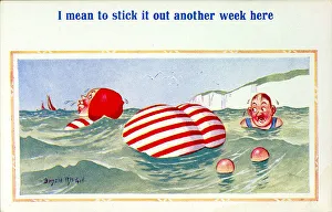 Comic postcard, Plump woman swimming in the sea Date: 20th century Comic postcard, Plump woman swimming in the sea Date: 20th century