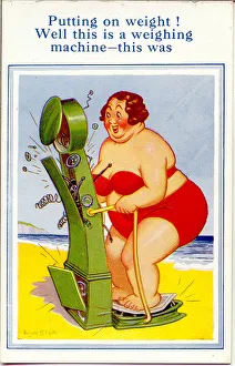 Bikini Gallery: Comic postcard, Plump woman weighing herself