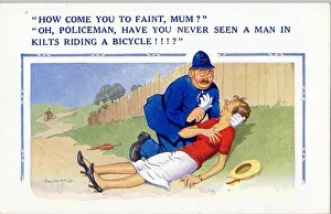 Comic postcard, Policeman and fainting woman Date: 20th century Comic postcard, Policeman and fainting woman Date: 20th century