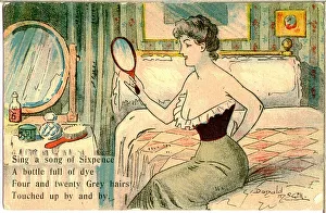 Comic postcard, Pretty woman in her bedroom - grey hairs Date: 20th century Comic postcard, Pretty woman in her bedroom - grey hairs Date: 20th century