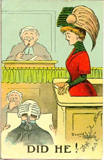 Witness Gallery: Comic postcard, Pretty woman in court scene