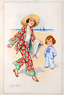 Comic postcard, Pretty woman and little girl at the seaside Date: 20th century Comic postcard, Pretty woman and little girl at the seaside Date: 20th century