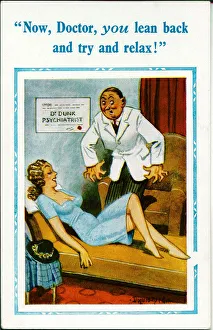 Comic postcard, Pretty woman and psychiatrist Date: 20th century Comic postcard, Pretty woman and psychiatrist Date: 20th century