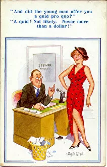 Comic postcard, Pretty woman in solicitor's office
