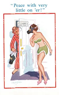 Comic postcard, pretty woman wearing gas mask, WW2 Date: circa 1940s Comic postcard, pretty woman wearing gas mask, WW2 Date: circa 1940s