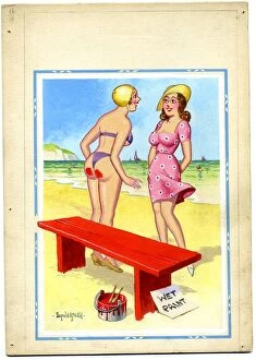 Bikini Gallery: Comic postcard, Two pretty women on the beach