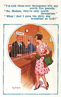Comic postcard, Pretty young woman at the bank Date: 20th century Comic postcard, Pretty young woman at the bank Date: 20th century