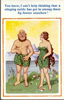 Comic postcard, Primitive couple in fig leaves Comic postcard, Primitive couple in fig leaves