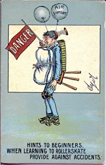 Comic postcard, Protection for rollerskating Date: early 20th century Comic postcard, Protection for rollerskating Date: early 20th century