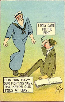 Comic postcard, Rent collector hit by sailor Date: early 20th century Comic postcard, Rent collector hit by sailor Date: early 20th century