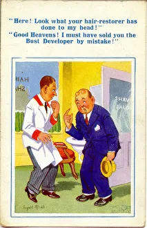 Comic postcard, Sale of wrong product - customer and barber Date: 20th century Comic postcard, Sale of wrong product - customer and barber Date: 20th century