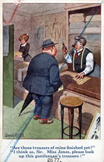 Comic postcard, Scene in a tailor's shop Date: circa 1918 Comic postcard, Scene in a tailor's shop Date: circa 1918