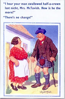 Comic postcard, Scotsman chats with neighbour Date: 20th century Comic postcard, Scotsman chats with neighbour Date: 20th century