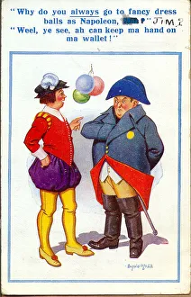 Comic postcard, Scotsman dressed as Napoleon at fancy dress ball Date: 20th century Comic postcard, Scotsman dressed as Napoleon at fancy dress ball Date: 20th century