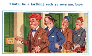 Comic postcard, four Scotsmen spending a penny Comic postcard, four Scotsmen spending a penny