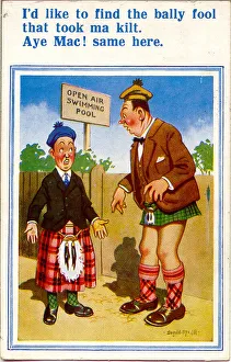 Comic postcard, Scotsmen wearing wrong kilts after going for a swim Date Comic postcard, Scotsmen wearing wrong kilts after going for a swim Date