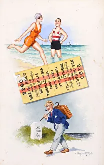 Comic postcard, Seaside scenes and railway ticket Date: 20th century Comic postcard, Seaside scenes and railway ticket Date: 20th century