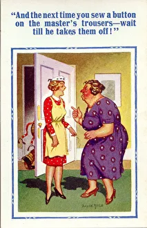 Comic postcard, Servant and angry mistress Date: 20th century Comic postcard, Servant and angry mistress Date: 20th century