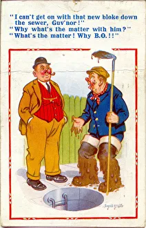 Comic postcard, Sewage worker and boss in the street Date: 20th century Comic postcard, Sewage worker and boss in the street Date: 20th century