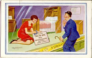 Comic postcard, Shop window display with bed Comic postcard, Shop window display with bed
