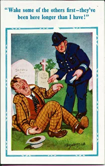 Comic postcard, Sleeping man in cemetery with policeman Date: 20th century Comic postcard, Sleeping man in cemetery with policeman Date: 20th century
