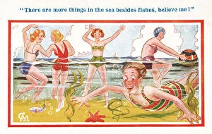 Bikini Gallery: Comic postcard, Swimming in the sea - young man and four pretty women Date