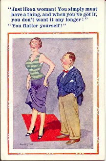 Comic postcard, Tall woman and short man Date: 20th century Comic postcard, Tall woman and short man Date: 20th century
