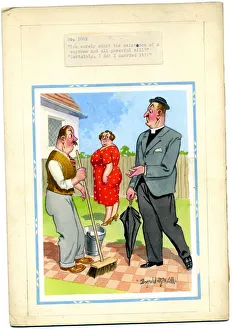 Comic postcard, Vicar with married couple Date: 20th century Comic postcard, Vicar with married couple Date: 20th century