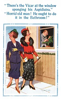 Comic postcard, the vicar sponges his aspidistra Date: 20th century Comic postcard, the vicar sponges his aspidistra Date: 20th century
