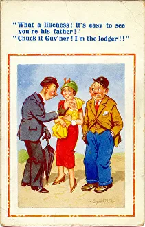 Comic postcard, Vicar, woman, baby and lodger Comic postcard, Vicar, woman, baby and lodger