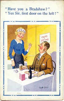 Comic postcard, Waitress answering man's question Date: 20th century Comic postcard, Waitress answering man's question Date: 20th century